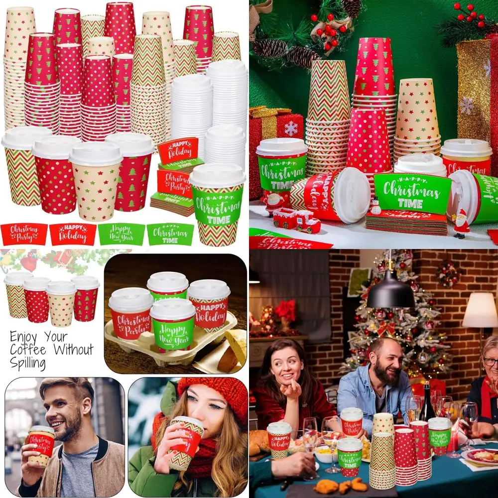

160 наборов по 480 штук: Рождественские бумажные стаканчики с крышками и втулками для горячих и холодных напитков - 12 унций, классический стиль, товары для вечеринок