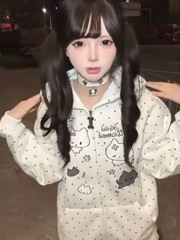 Autumn Winter Sweet Cute Cat Ear Hooded Hoodie Women Casual Kawaiii Polka Dot Print Design Coat Elegant Fashion Loose Jacket New - view 4