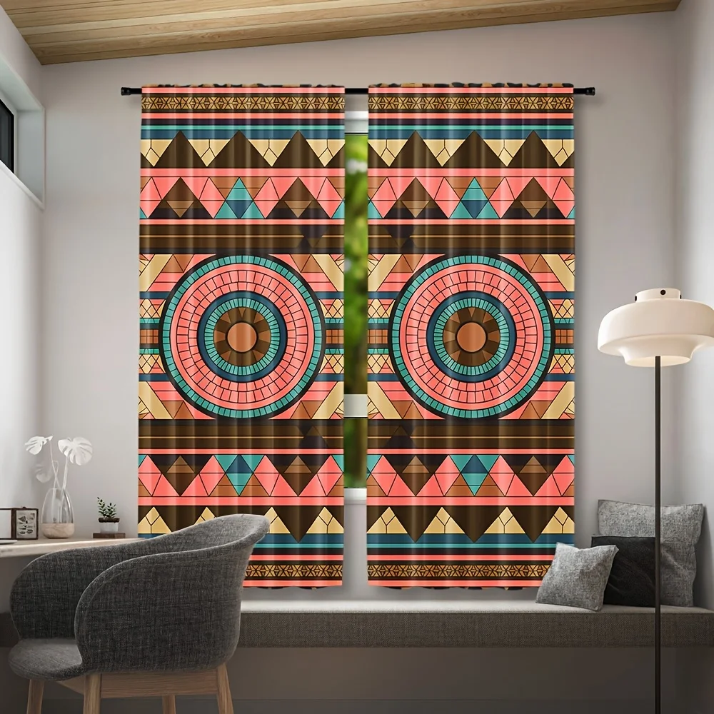 2pcs Modern Window Curtains - Semi-Sheer Privacy Drapes with Tribal Geometric Patterns in Teal Blue, Burnt Orange, Pink - Light