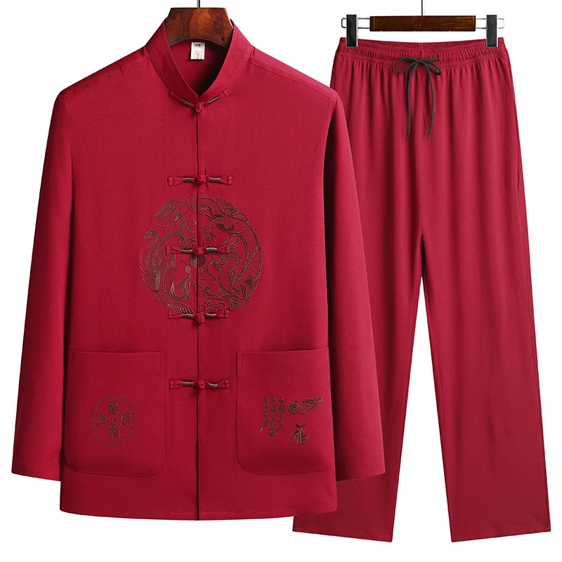 

ly Мужская повседневная одежда Long Sve, осенний наряд, традиционный китайский костюм с вышивкой дракона и феникса для папы...