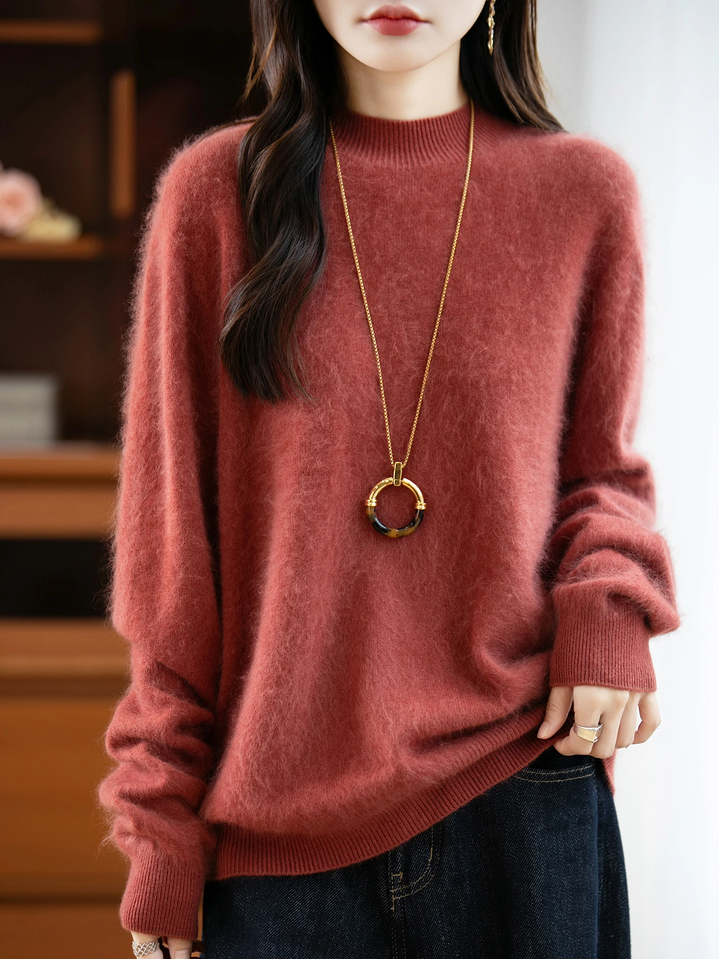 

Elegant Women's 100% Wool Sweater Winter Female Knitted Pullover Mock Neck Blouse Long Sleeve Clothing Tops Cashmere Cozy Jersey
