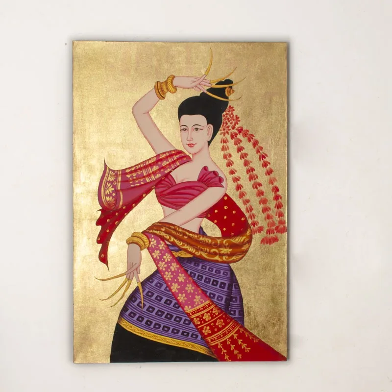 Gold foil painting Thai entrance mural, living room character collage decoration, linden tree dining room wall painting