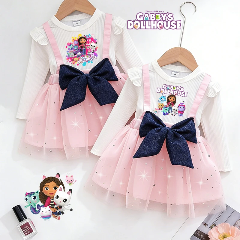 

Gabbys Dollhous Girl Bownot Princess Dress Autumn Cute Anime Cartoons Long Skirt Spring Autumn for Kids Toddler Birthday Clothes