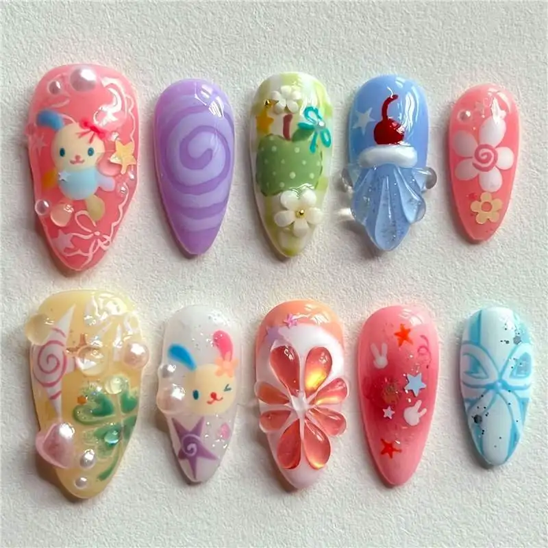 

10 шт., сладкий красочный миндаль, пресс для ногтей, ручная работа, 3D мультяшный фруктовый кролик, французские накладные ногти для женщин, носимые ногти с бантом и звездой