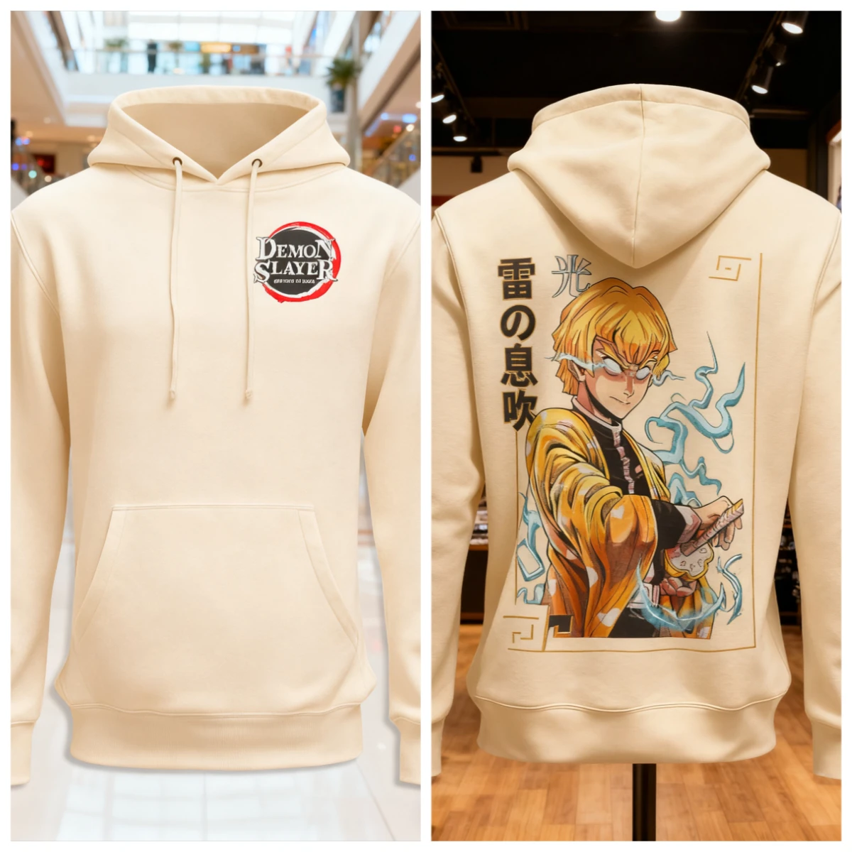 Demon Slayer Anime Baumwoll-Hoodie, beigefarbener Charakterdruck mit Rengoku-Flammenmuster, Rückendesign und Logo vorne, lässig, St
