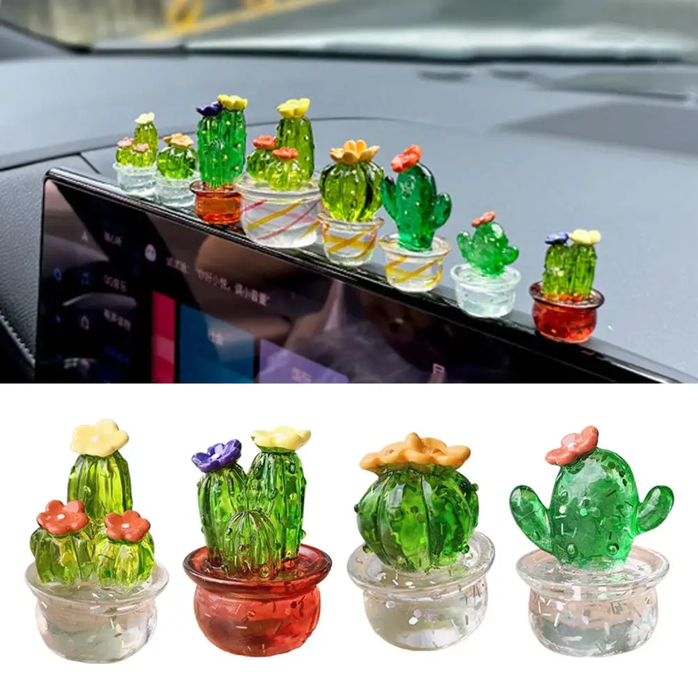 4PCS Mini Cactus Figurine Translucent Plastic Tiny Potted Succulent Ornament Car Monitor Desk Home Office Dorm Decoration
