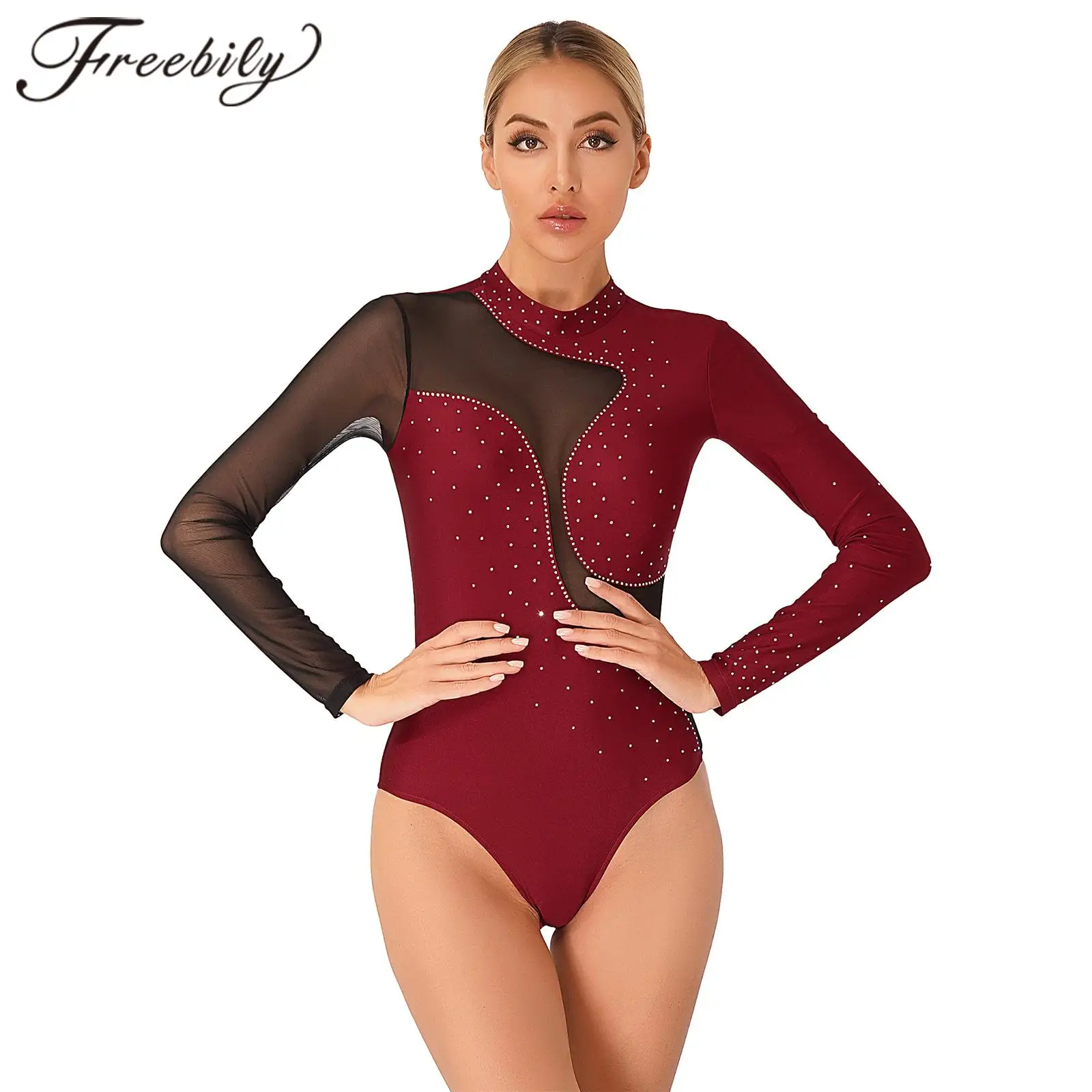 Womens Shiny Rhinestone Sheer Mesh Patchwork Long Sleeve Gymnastics Leotard Adults Figure Skating Bodysuit Acrobatics Jumpsuit