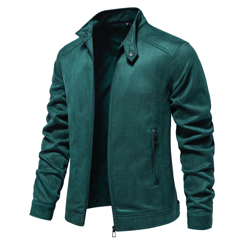 

Leather Solid Men Coats Long Sleeve Jacket Stand Collar Zipper Cardigan High Street Outerwear Autumn Slight Strech 2025