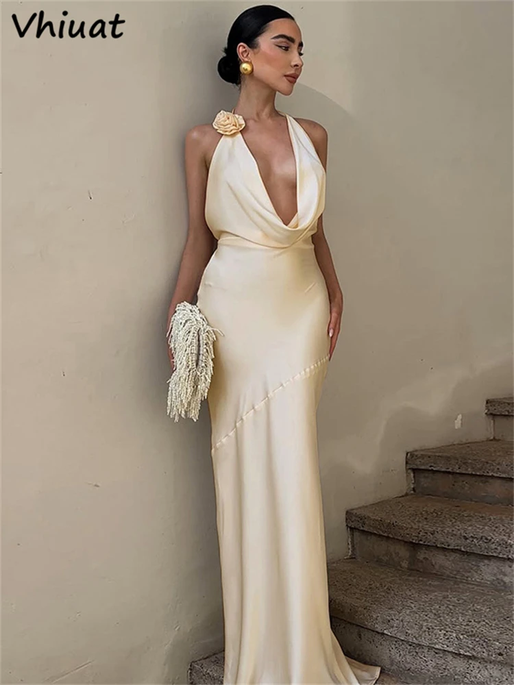 Vhiuat 솔리드 새틴 오프 숄더 백리스 롱 드레스 이브닝 파티 클럽 여성 여름 Sleeveles Flower Halter Maxi Sundress 2025