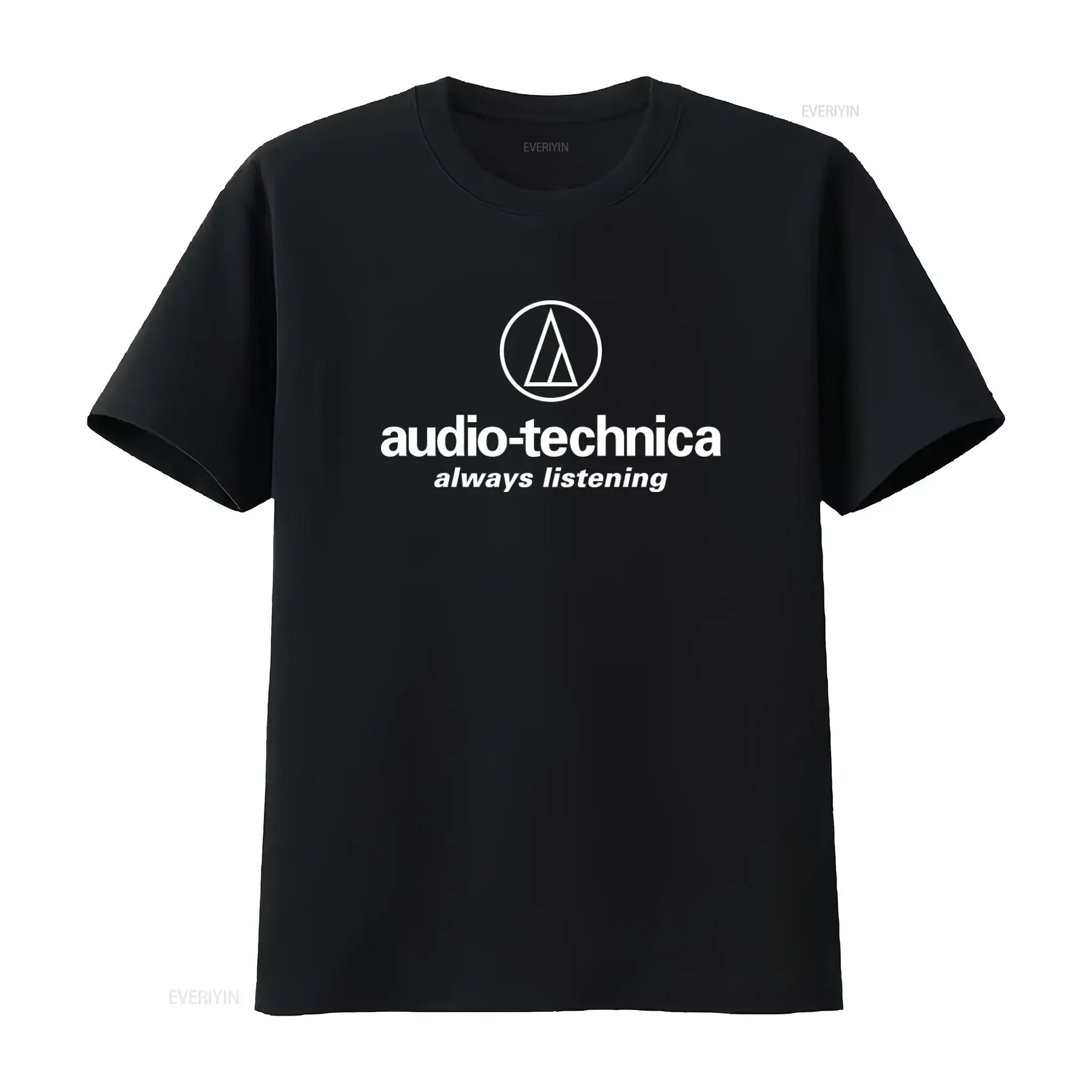 Camiseta con logotipo de Audio Technica, diseño Always Listening, color negro, calidad premium, perfecta para audiófilos, estilo vintage lavado