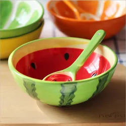 Ceramic Creative Fruit Bowl, Cute Household Tableware, Hand Painted Watermelon Bowl, Strawberry Orange Bowl, Ceramic Bowl Spoon