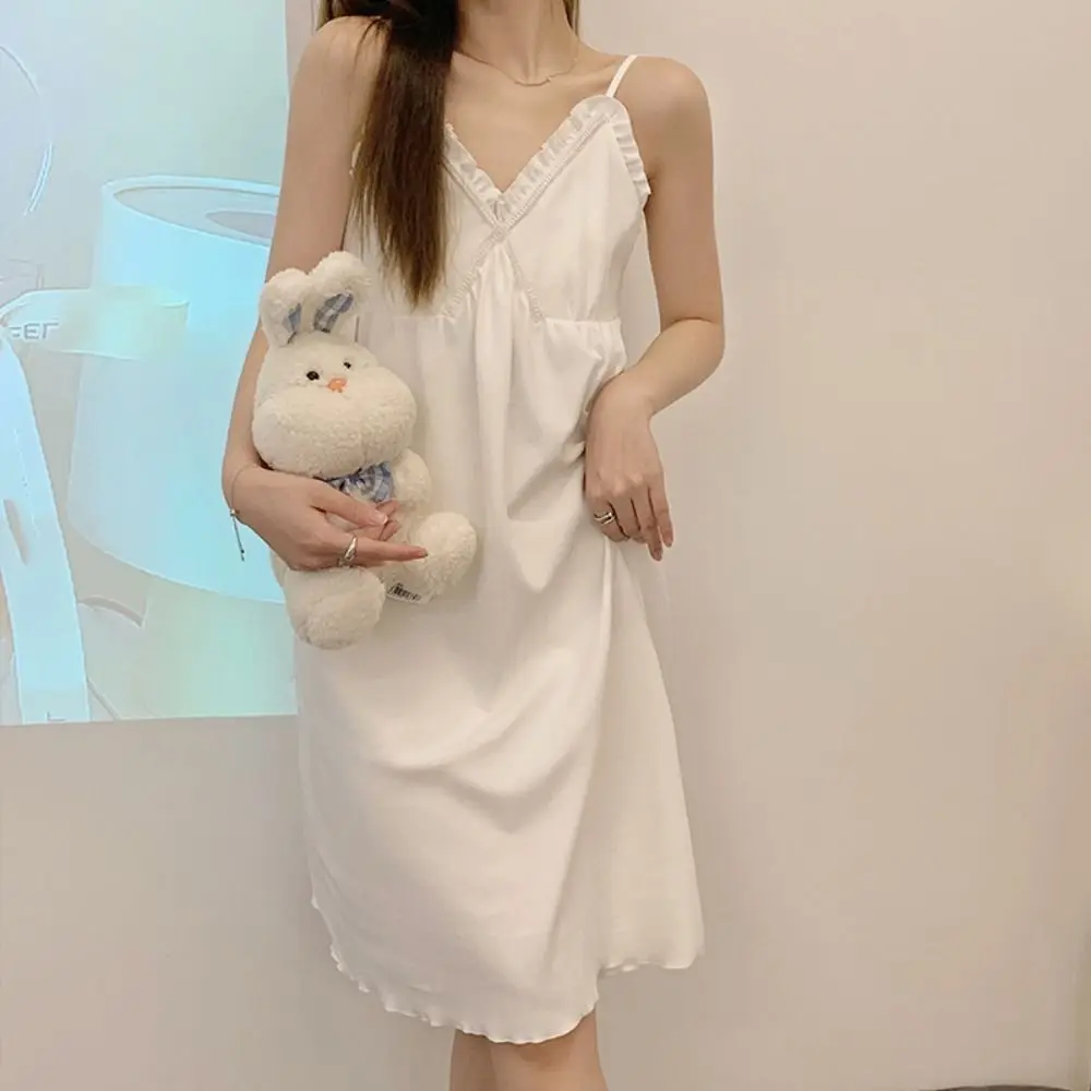 

Sweet Ruffle Women's Pajama Dress V-neck Sleeveless Suspender Nightdress Loose Homewear Sling Nightgown Summer