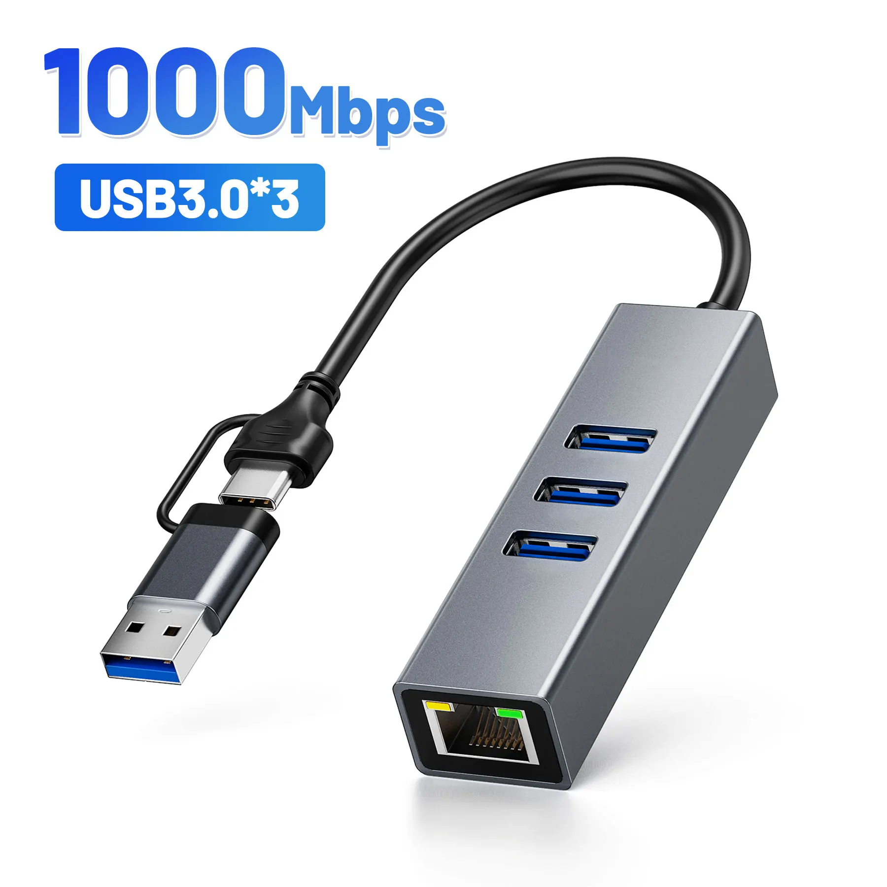 

USB C to Gigabit Ethernet Adapter with 3*USB3.0 Hub , 4 in 1 Docking Station, 1000Mbps LAN Converter, for MacBook/iPad/Phone