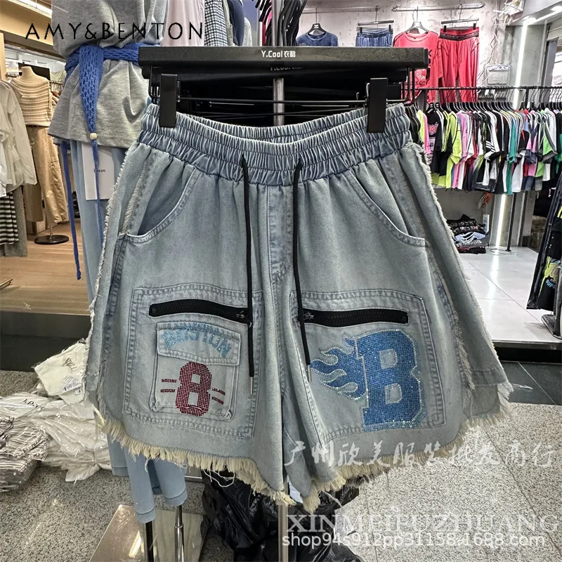 

American Retro Trendy Denim Shorts Women Summer Rhinestone Decorated Casual Loose Fit Streetwear Daily Wear Vacation Short Pants