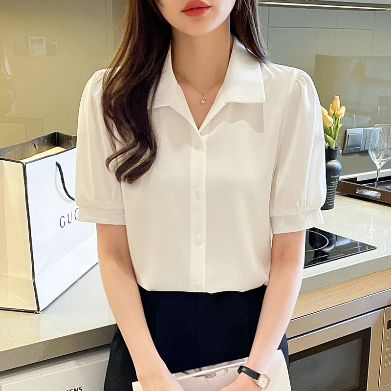 

2024 Summer Short Sleeve Blouse Women Half Open Collar Spliced Women's Clothing Korean Version Puff Sleeve Straight Women Tops