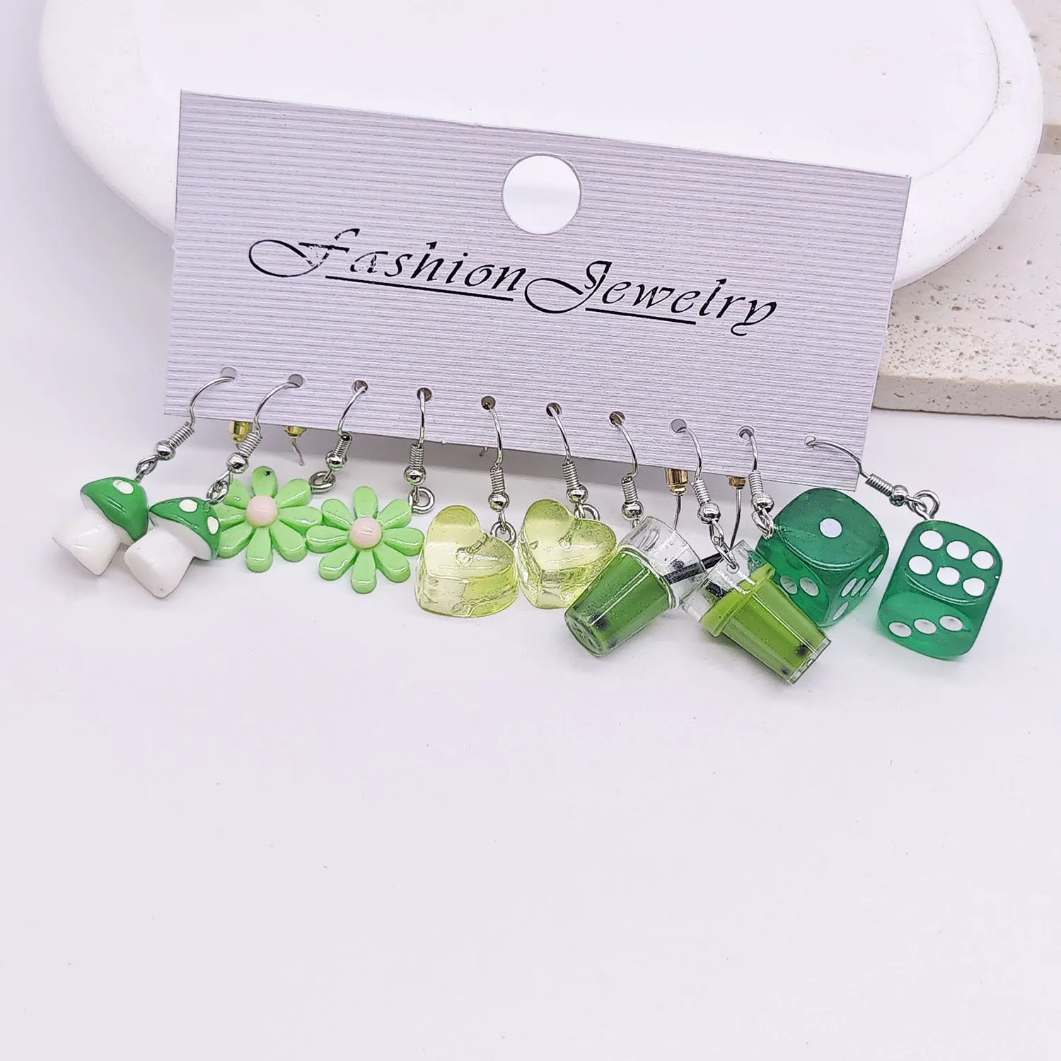 Cross border Fashion Sweet Cartoon Flower Ice Block Resin Simulation Food Milk Tea Green Earrings Earrings Earrings Set