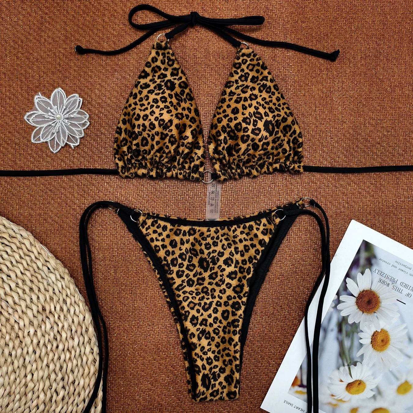 sexy dark brown leopard print halter tie ring bikinis sets two pieces thong swimsuits bathing suit swimwear biquini tankini