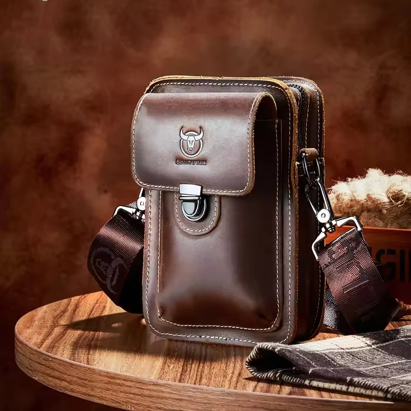 

YETTIES Crazy Horse Leather Male Waist Pack Phone Pouch Bags Waist Bag Men's Small Chest Shoulder Belt Bag Back Pack