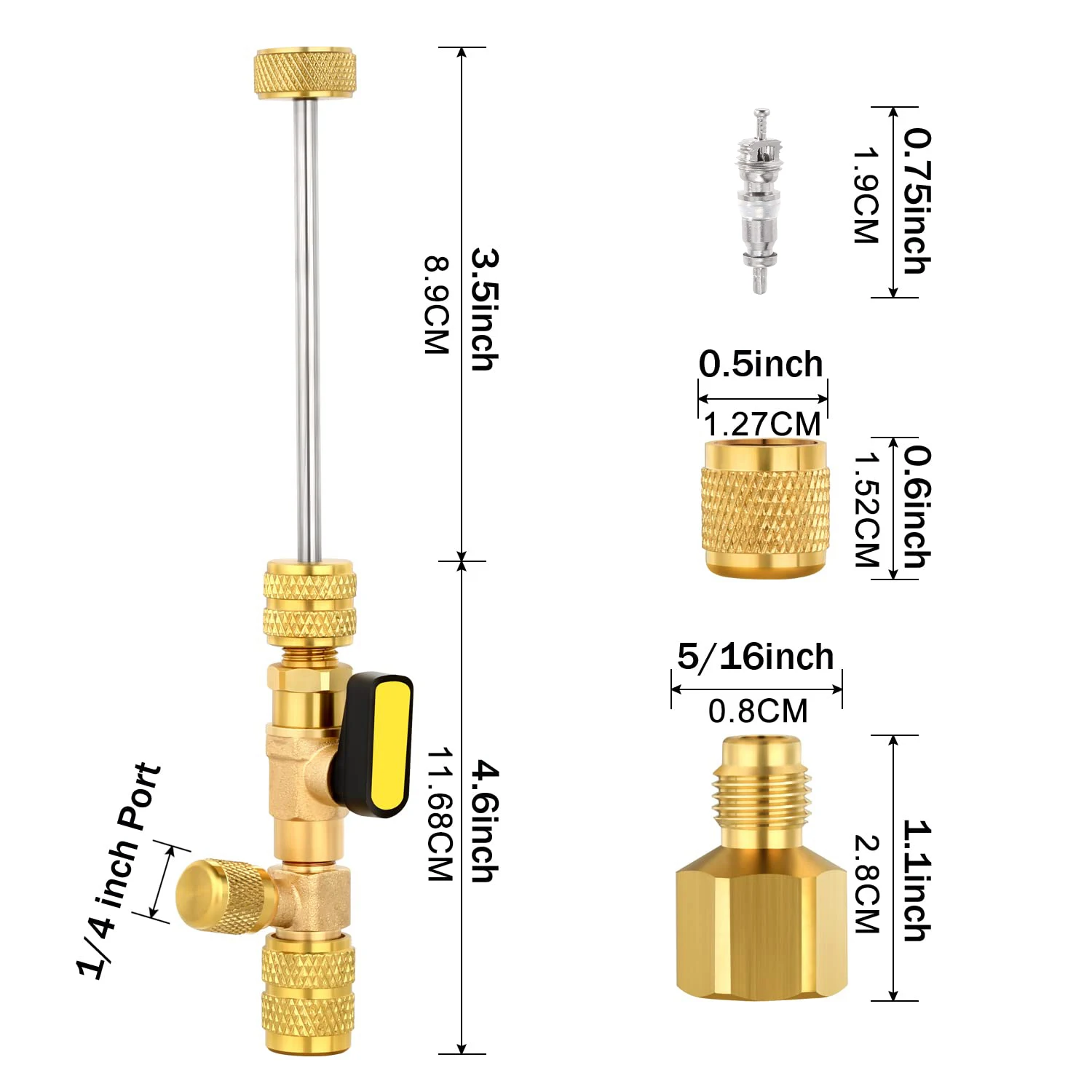 Valve Core Remover Installer Tool Kit with Dual Size 1/4 & 5/16 Port for with R22 R12 R407 R410 R404 R32 R600 HVAC System