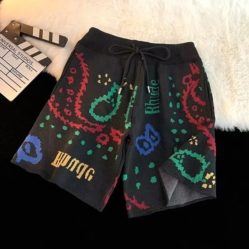 

2025 Y2k вязаные шорты с цветком кешью для мужчин и женщин, свободные брюки на шнурке, пять четвертей, летние американские винтажные повседневные шорты High Street