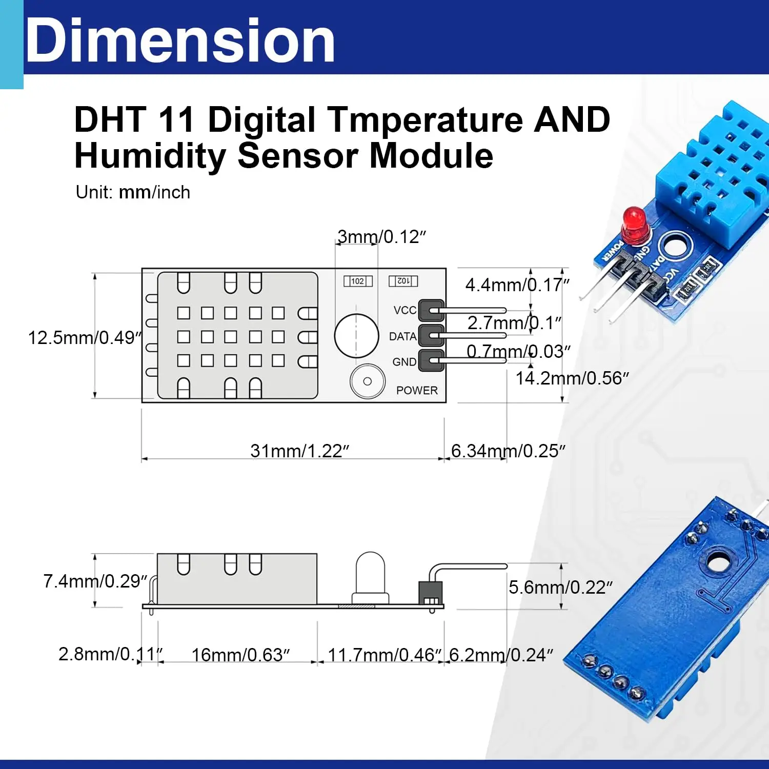 DHT11 Digital Temperature Humidity Sensor Module 3.3V-5V with Jumper Cables, Range 20-95%RH ±5%, 0-50℃ ±2℃