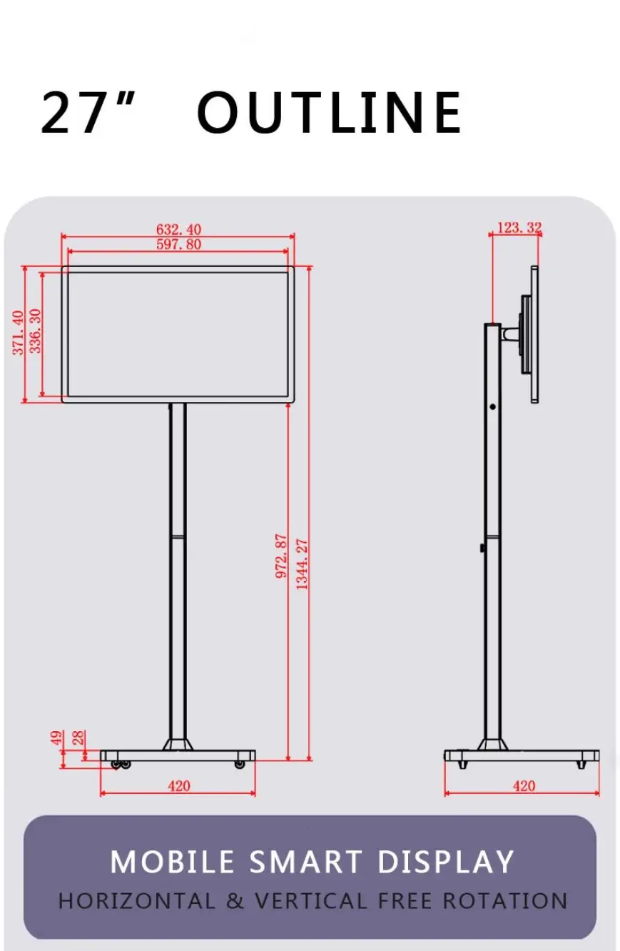 Qualcomm 8-core CPU Powered 27 Inch Smart Android Tablet with Wheeled Stand Rotatable Touch Screen 8G+128G TV Large Battery Base