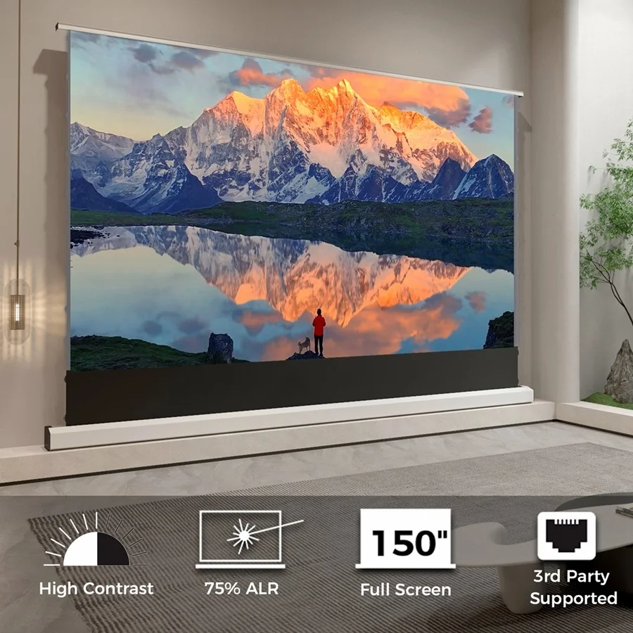 Layar Proyeksi Listrik Naik Lantai 100 ''-150'' Bahan Transparan Akustik Berlubang Anticahaya 4K HD Home Cinema