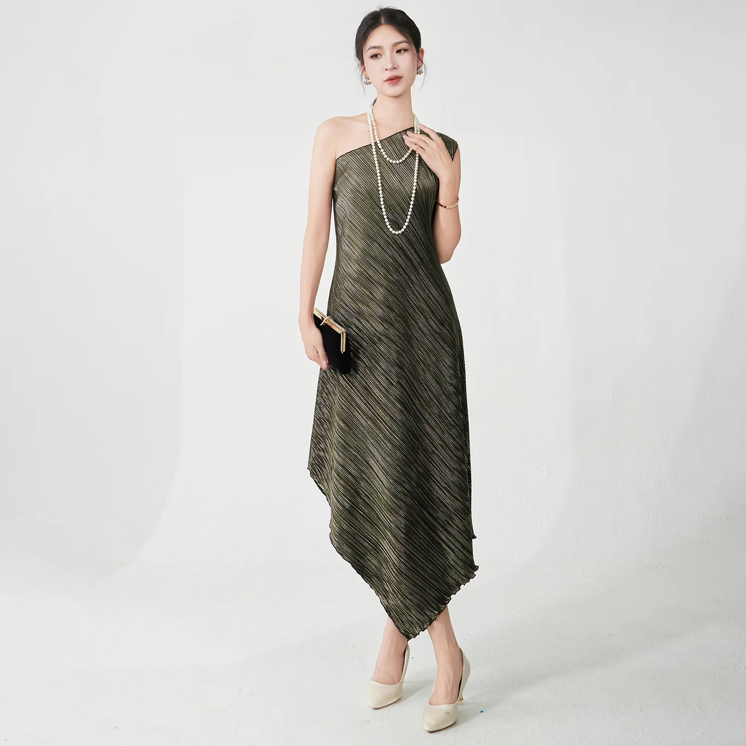 Ele Casual Long Dr Polyester Fabric Regular Sve Asymmetrical Hemline Loose Waist Sle Faionable Middle-aged Women