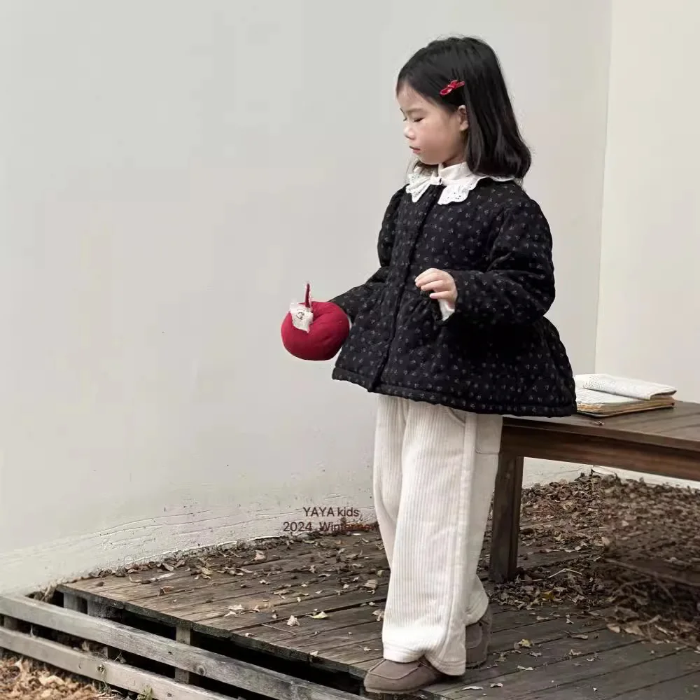 

Girls Set 2024 New Winter Childrens Wear Korean Lace Collar Sweet Floral Cotton-padded Jacket Straight Pants Two-piece Set