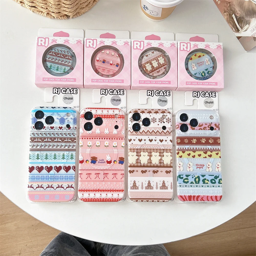 

Cute Love Bear Rabbit Magnetic Phone Case for iPhone 15 16 Pro 17 Pro Max Cover with Magsafe Cartoon Stand Shockproof Fundas