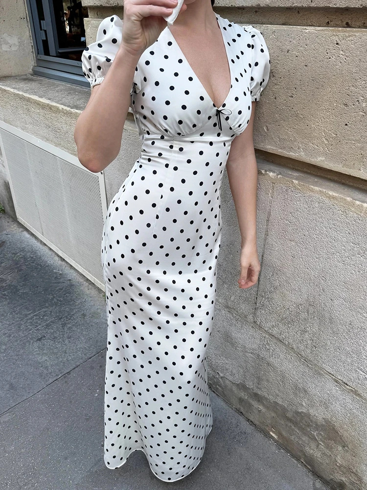 

Oniflyme Sexy Polka Dots Print Women Maxi Dress Fashion Bows V Neck Short Sleeve Bodycon Streetwear Casual Party Vestido Robes