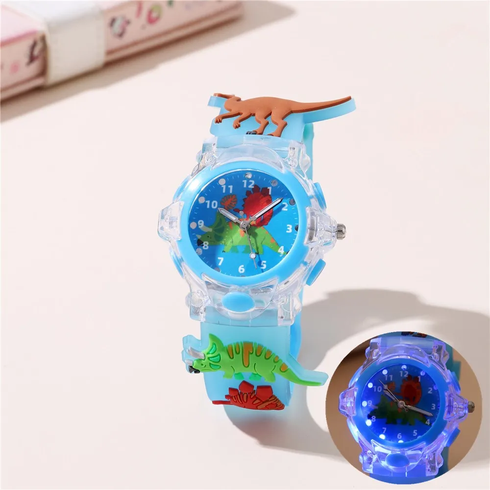 Relógio infantil de quartzo estilo dinossauro luminoso LED