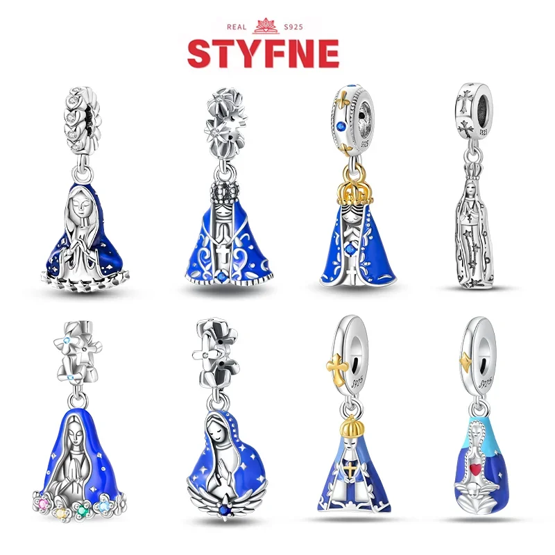 

S925 Silver Original Our Lady The Virgin Charms Beads Fit Pandora Bracelet Blue Series Pendant Bead Fine Jewelry for Women Gifts