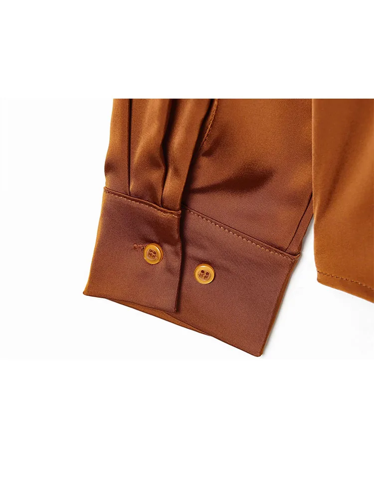 HH المرأة الموضة تنوعا الصلبة التلبيب الساتان محكم الراقية قميص الإناث بسيطة عادية واحدة الصدر قميص طويل الأكمام