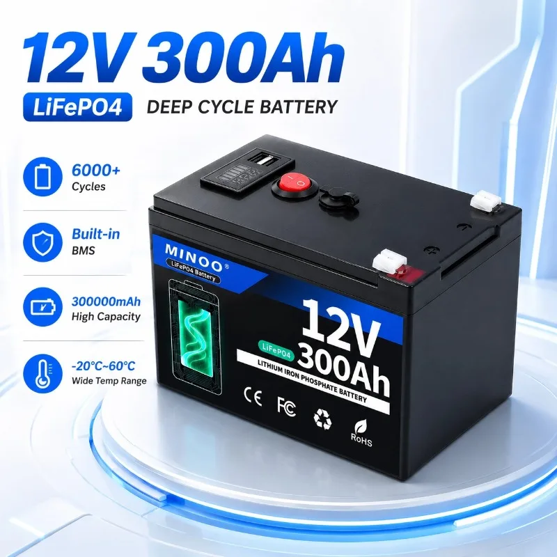 LiFePO4 12V 300AH 12V 200AH Battery Free Charger 12V Lithium Battery Built-In 300A BMS 6000+ Cycle For Solar RV Marine Energy