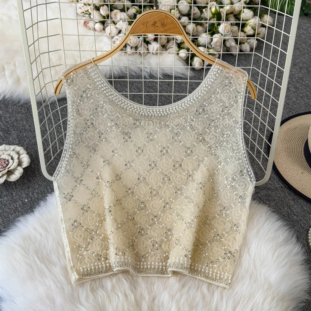 

2025 New Women Sleeveless Tops Niche Design Heavy Sequin Pearl Beading Slim Vest For Women Summer Women Vest Top Bead T-shirt