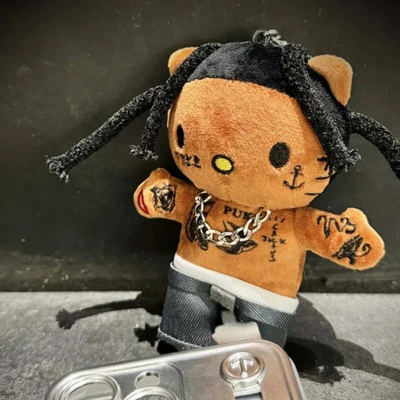 Hello Kitty Rap Singer Bag Pendant Black Skinned KT Cat Doll Creative Personalized Plush Decoration Cute Backpack Accessories