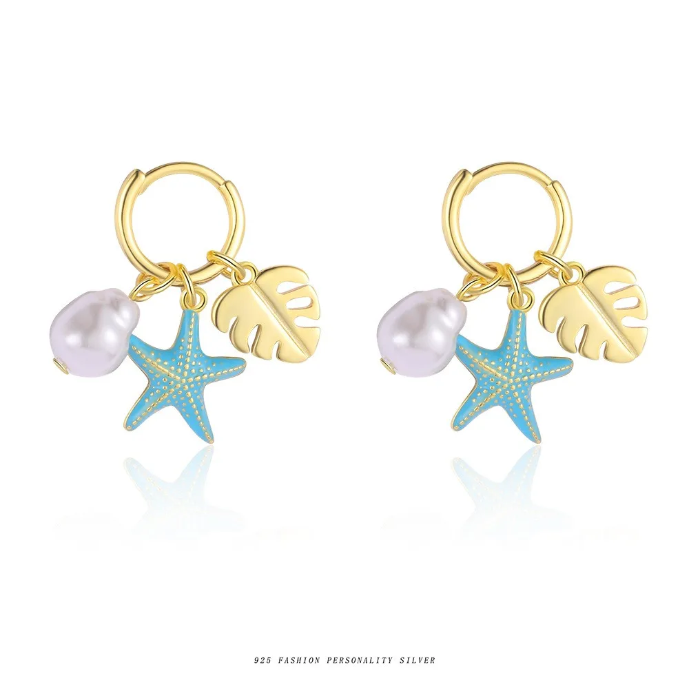

S925 sterling silver jewelry drip glue summer starfish earrings for women Baroque pearls exquisite DIY fashion earrings