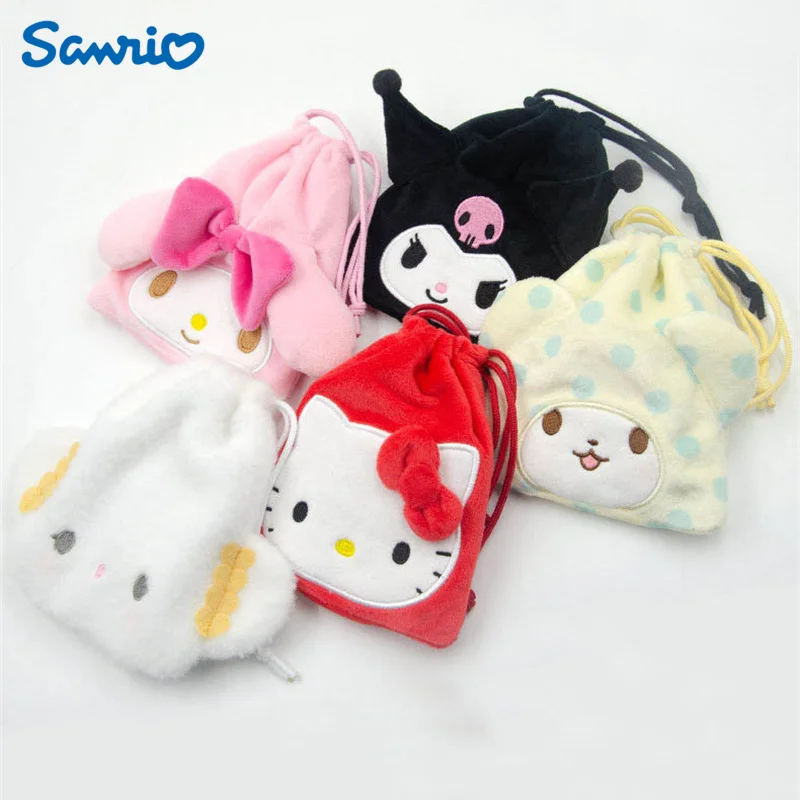 Sanrio Plush Drawstring Bag Hellokitty Kuromi My Melody Bundle Pocket Hangyodon Cogimyun Marumofubiyori Storage Bag Coin Purse