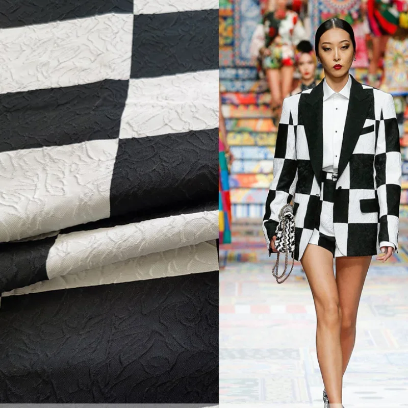 Jacquard Fabric Large Black and White Plaid Dark Pattern Suit Trench Coat Show Clothing Fashion Fabrics Diy Sewing by the Meter