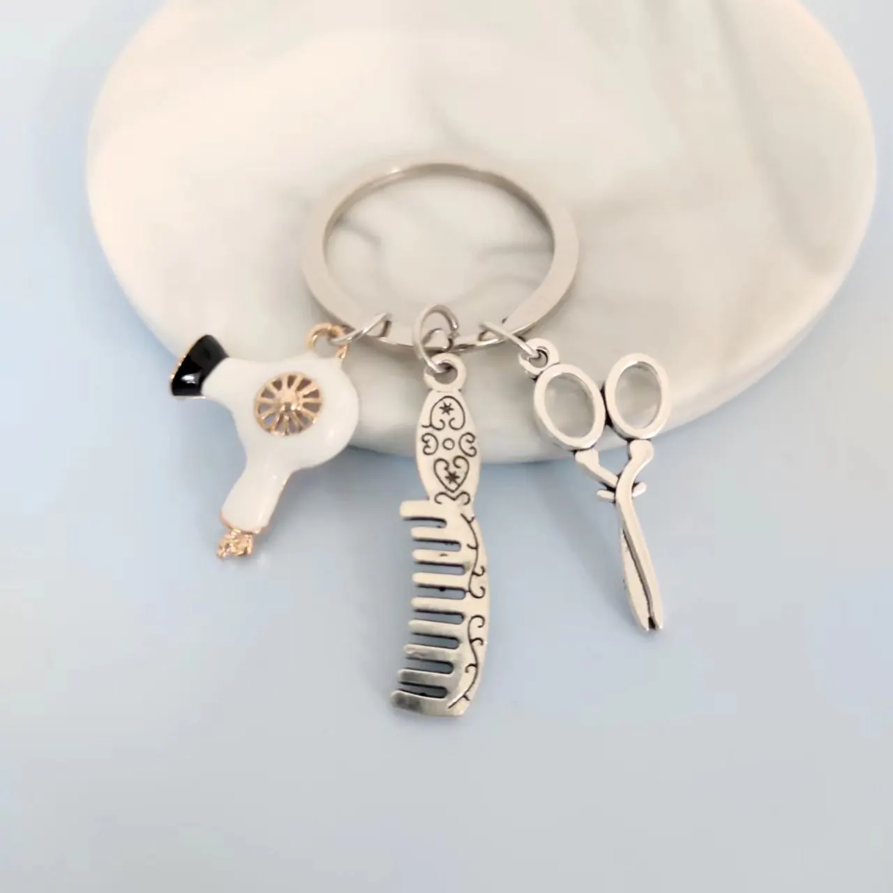 Hair Dryer Comb Scissors Hairdresser Key Chain Hairdresser Commemorative Key Ring Pendant