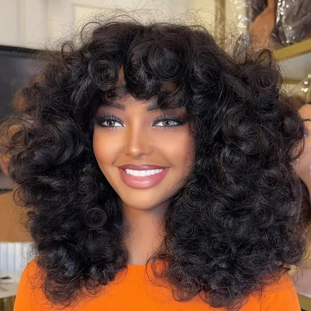 Kurze Lockige Bob-Perücke aus Echthaar mit Pony, Sofort Tragbar, Klebstofffrei, Federnde Lockige Echthaar-Perücken, Maschinell Gefertigte Afro-Perücken für Frauen
