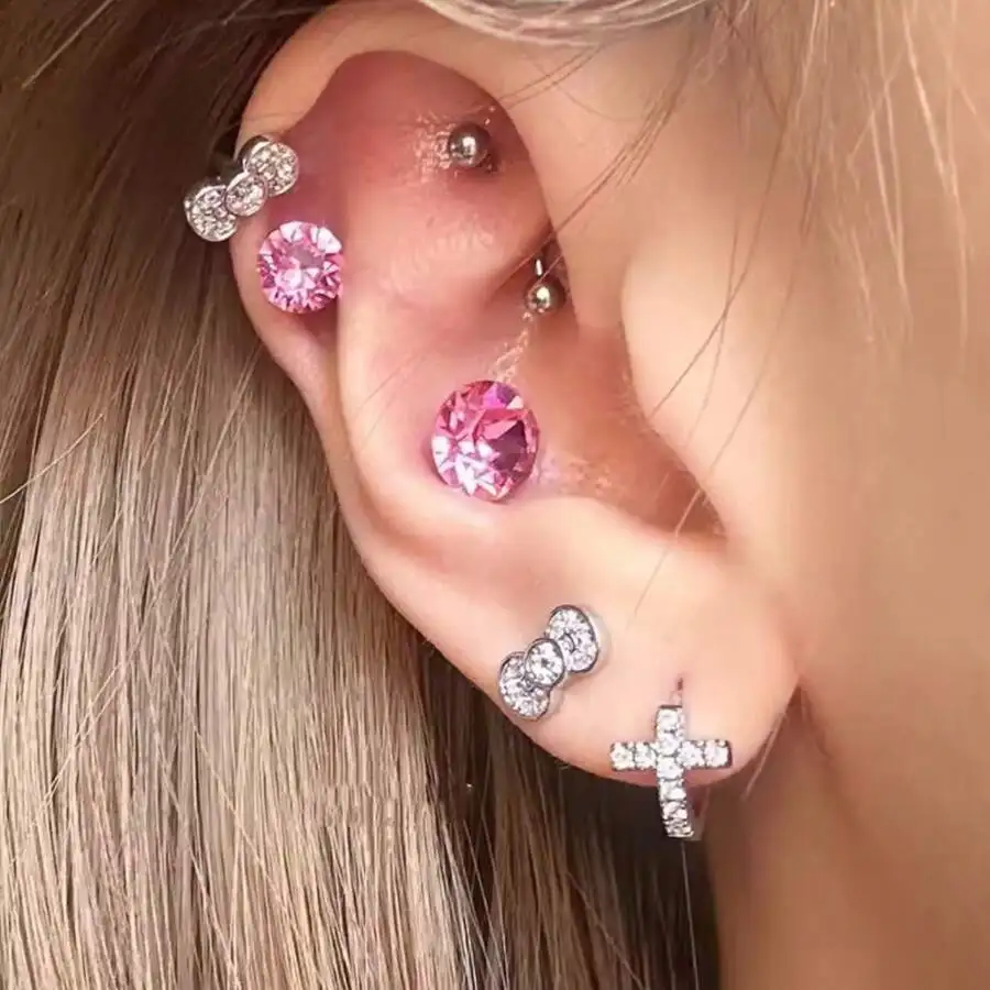 

Cute Bow Cross Pink Rhinestone Stainless Steel Earrings For Women Y2K Punk Chic Style