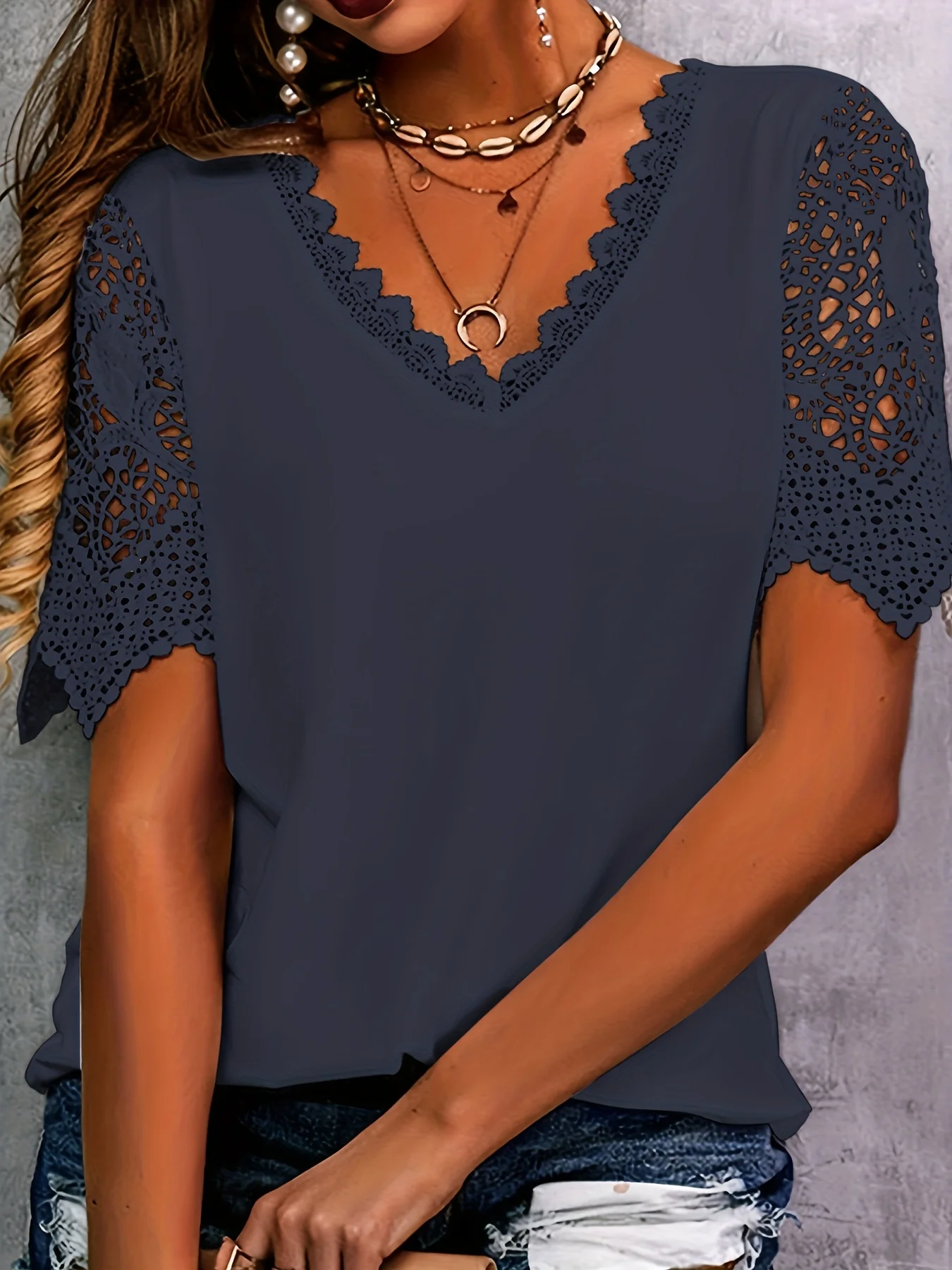 Women's Navy Blue Lace - Detailed Top V - Neck Short Sleeve Flowy Shirt