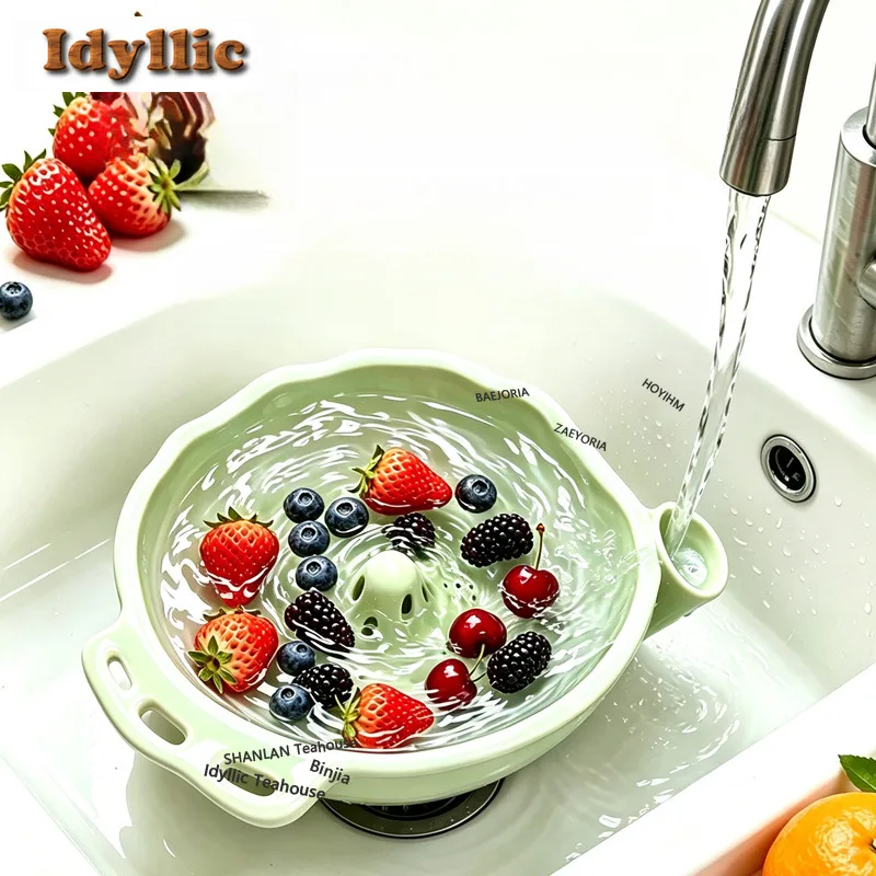 HOYIHM Kiln Fambe New Ceramic Rotating Drain Bowl Fruit Vegetable Washing Colander Strainer Kitchen Salad Spinner Bowl Ornaments