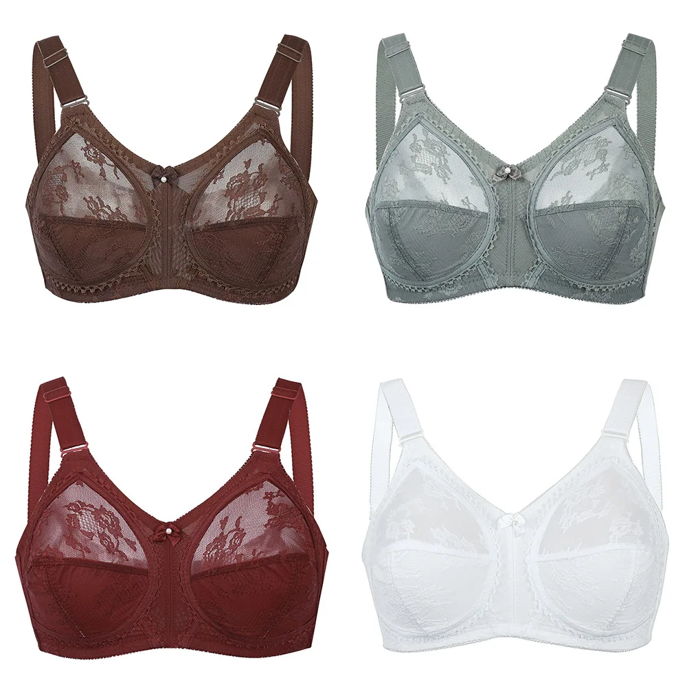 White Women Bra Unlined Sexy Lace Bra Full Coverage Ultra Thin Wireless Adjusted-straps Minimizer Bras Plus Size B C D DD E Cup