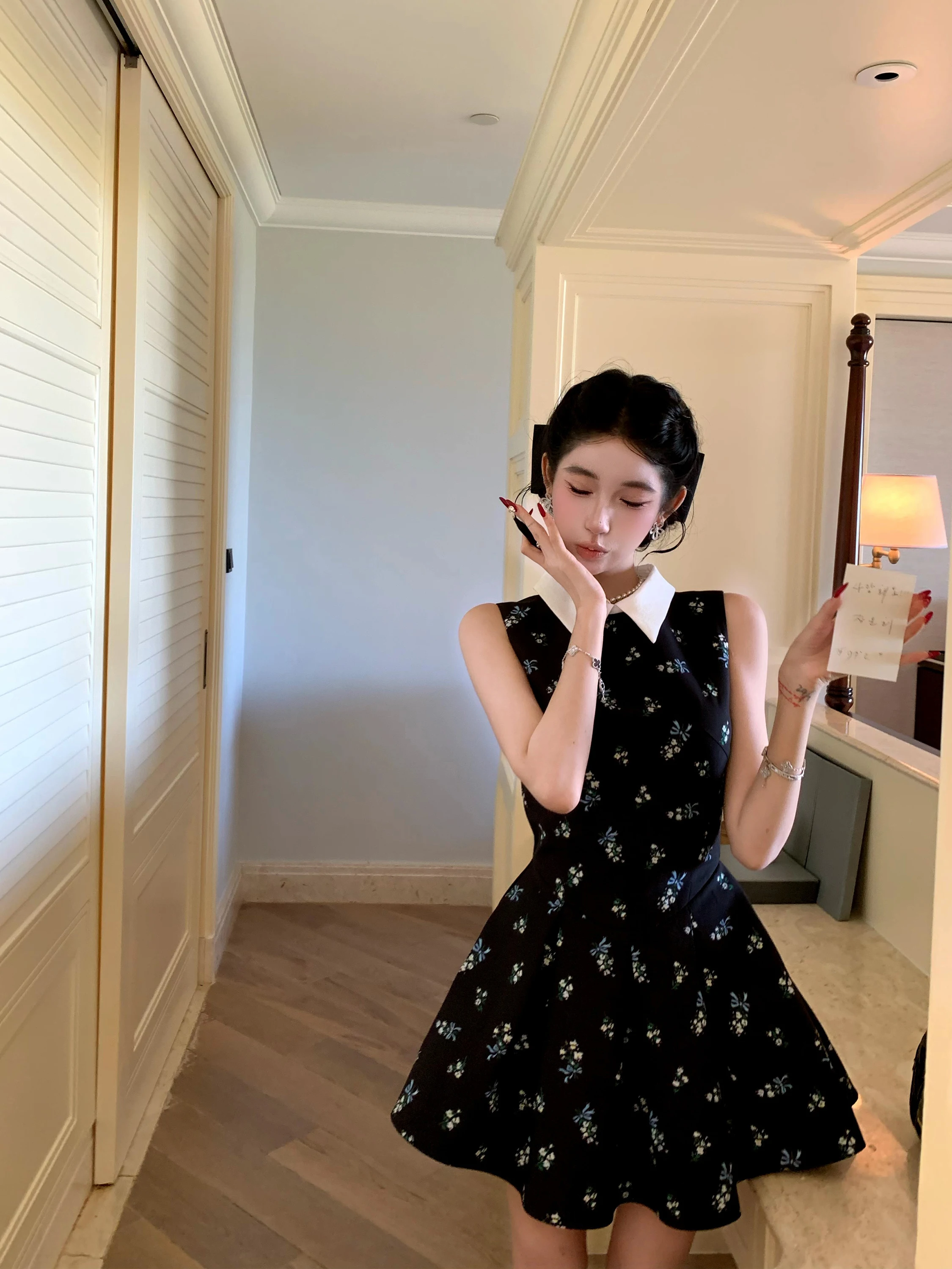 

Floral Print A-Line Dr Women's Spring Season Svel Princ Sle Gathered Waistline Barbcue Chic Cotton Blend F...