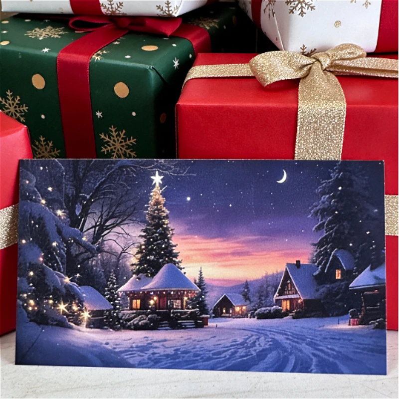 

20/50Pcs Christmas Cards Snowy Night Winter Cottage Holiday Greeting Cards Postcard For Christmas Party Gift Decorations