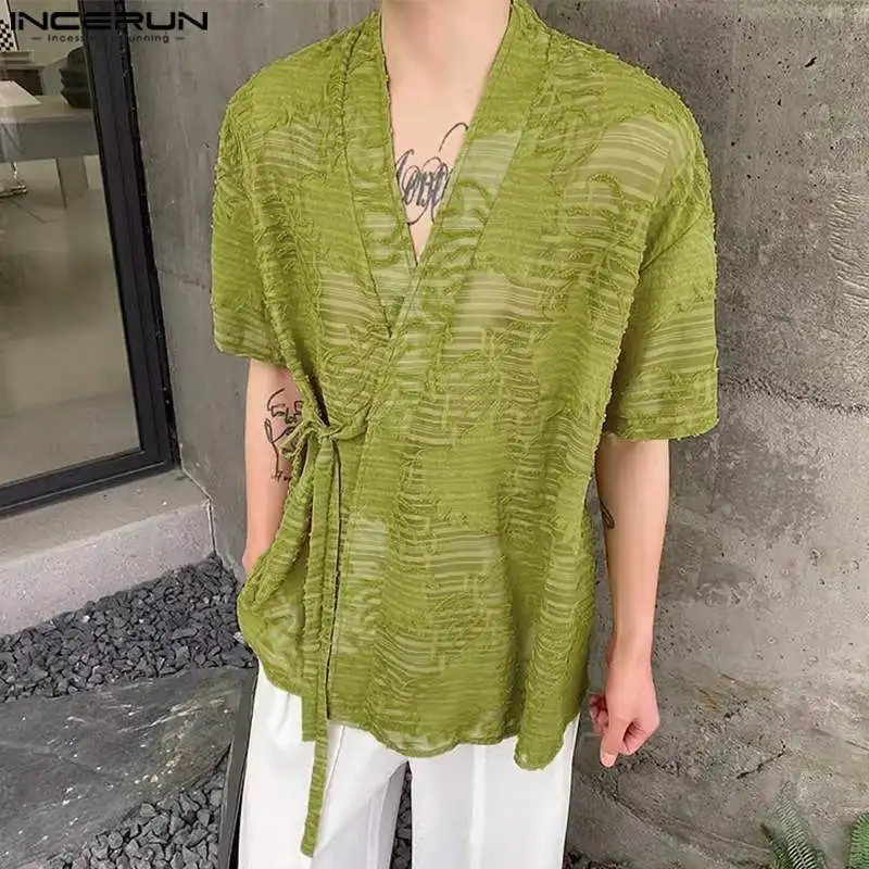 

2024 Men Shirts Jacquard V Neck Short Sleeve Lace Up Summer Streetwear Men Clothing Transparent Casual Male Shirts S-5XL INCERUN