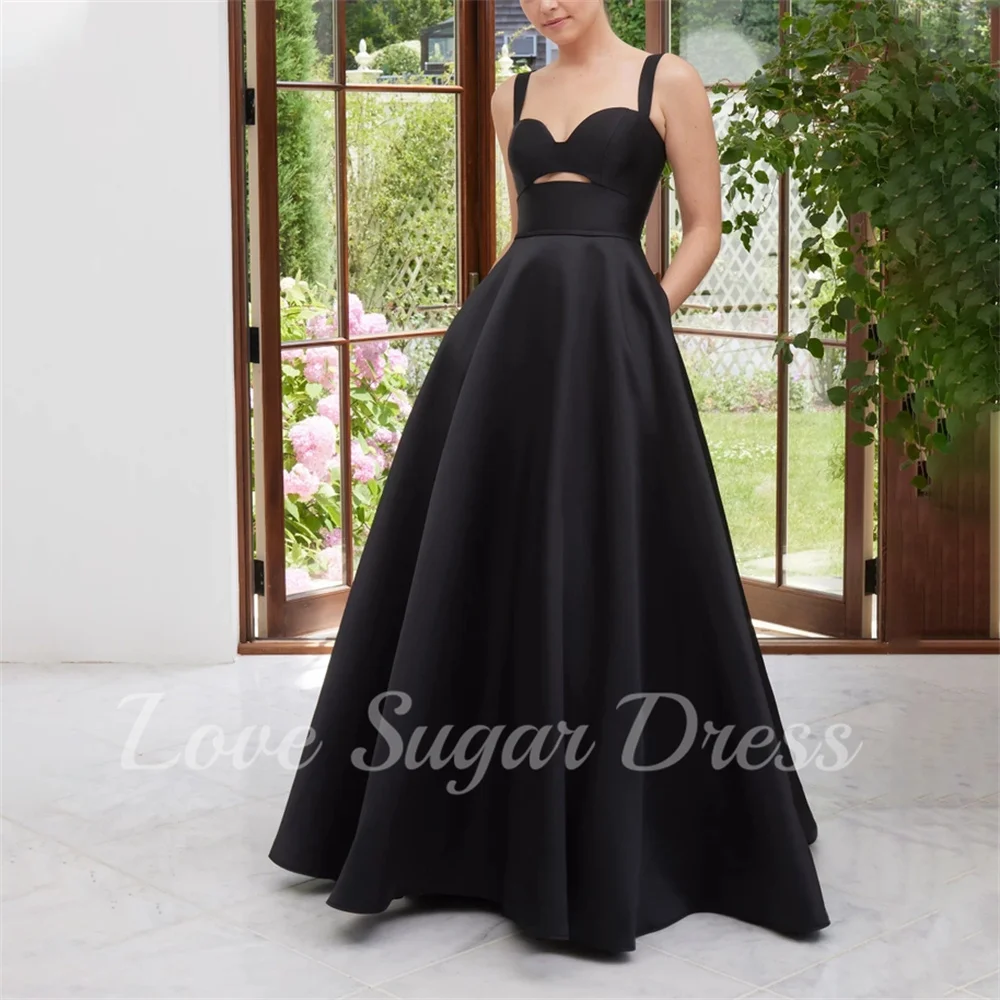 

Black Elegant A Line Evening Dress For Women Cut Out Corset Sweetheart Prom Dresses Satin Long Formal Party Gowns With Pockets